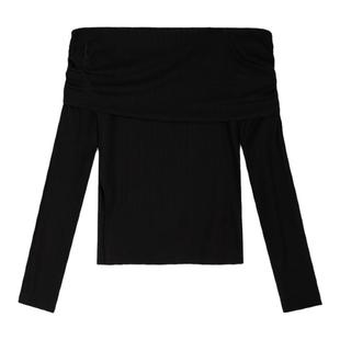 MULVAN 一字肩长袖t恤女开叉不规则设计感小众修身显瘦露肩上衣