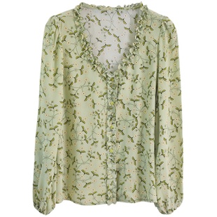 绿色碎花真丝上衣女桑蚕丝衬衫早秋长袖V领设计感小众衬衣法式