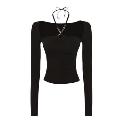 Mess Studio 辣妹设计感短款修身显瘦托胸褶皱挂脖长袖上衣女春秋