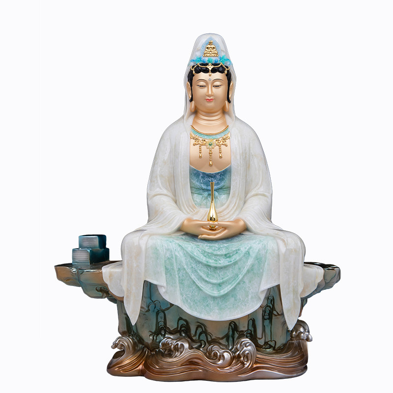 观世音菩萨佛像汉白玉坐山观音像自在观音佛像禅定观音供奉摆件