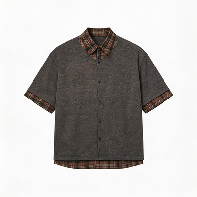 Dream made老钱风假两件格子短袖衬衫男女夏季人夫感穿搭男生衬衣