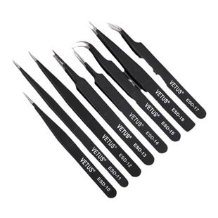 VETUS防静电镊子高精密加厚不锈钢弯尖头夹持工具维修镊子ESD-12