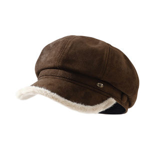 美拉德贝雷帽子女2025新款仿麂皮加绒加厚保暖八角帽显脸小报童帽