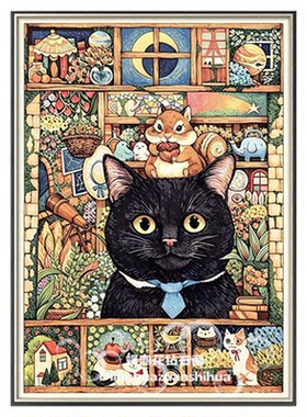 diy新款北欧动物插画黑猫与小松鼠钻石画方圆钻手工贴钻画十字绣