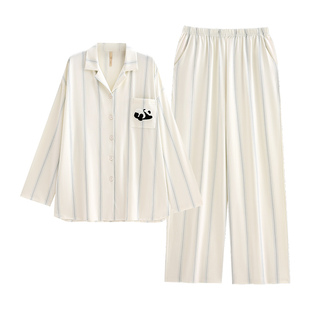 家乐芬睡衣女士春秋款秋季纯棉家居服条纹长袖可爱熊猫可外穿套装