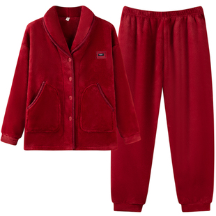 芬腾可安睡衣女款2025新款冬高级感珊瑚绒加厚大码红色家居服冬季