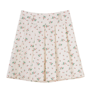 First Ring 米杏底碎花低腰A字版型百褶裙女春夏显瘦短款半身裙