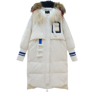 高端女装 90白鸭绒 花色大毛领中长款羽绒服 字母可脱卸童趣大衣