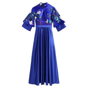 紫缘萱中式旗袍改良长款晚礼服蓝色模特走秀团队演出服修身显瘦秋