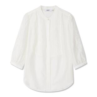 LILY官方夏季新品莱赛尔精致立体绣花图案新中式立领压褶纯色衬衫
