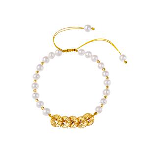 老凤祥官方足金五帝钱手链黄金珍珠手串手链手绳520送女朋友礼物