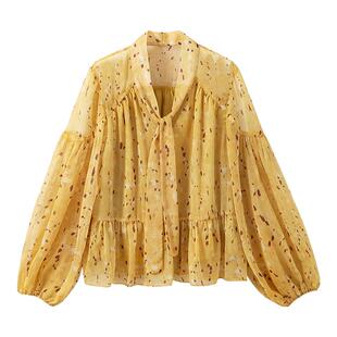 【似花非花】纤盈轻薄透气 法式复古飘带V领灯笼袖荷叶边衬衫衬衣