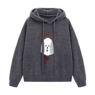Basic House/百家好小狗图案连帽毛衣女2025秋冬宽松休闲保暖上衣