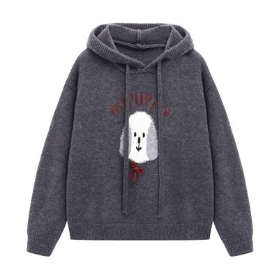 Basic House/百家好小狗图案连帽毛衣女2025秋冬宽松休闲保暖上衣