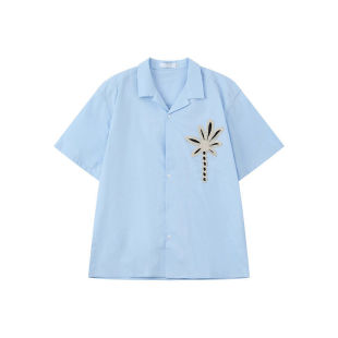 椰子树手工刺绣短袖衬衫男女夏威夷度假穿搭慵懒风休闲衬衣外套潮