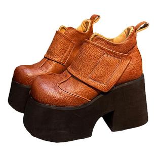 真皮10cm高跟厚底鞋女2025新款复古圆头小个子增高乐福鞋休闲单鞋