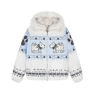 文文不乖原创美式复古费尔岛小狗印花毛领连帽棉服女秋冬加厚棉衣
