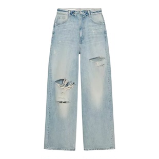 ZA外贸出口女浅蓝美式复古街头风做旧破洞中腰翻边牛仔裤5252014