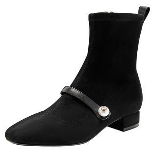Nine West/玖熙百搭短靴女秋冬加绒爆款靴子珍珠弹力瘦瘦靴显高