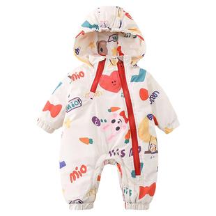婴儿连体衣新生儿秋冬装可爱拉链外出爬服男女宝宝夹棉连帽冲锋衣