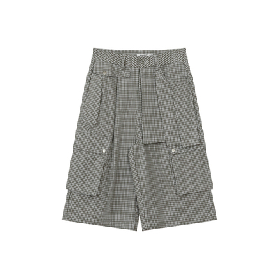 FUNKYFUN 格纹多口袋工装短裤异形解构百褶插片设计阔腿裤六分裤