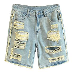 夏季美式痞帅毛边破洞牛仔短裤男宽松潮牌高街乞丐破烂五分裤子男