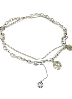 双层圆牌不掉色钛钢叠戴毛衣项链