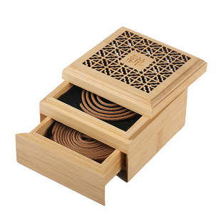双层抽屉盘香盒子存放楠竹盘香炉正方形镂空熏香炉木制盘香收纳盒