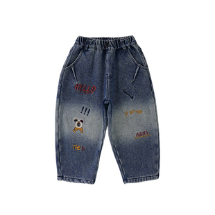 皇室童缘男童渐变牛仔裤冬季新款儿童加绒加厚百搭裤子宝宝直筒裤