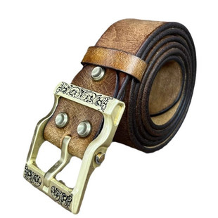 3.8宽男士真皮皮带纯铜六代风尘花扣腰带头层牛皮皮带手工针扣男