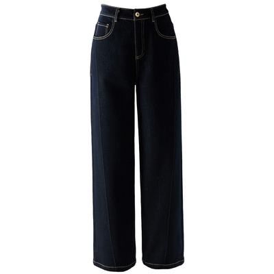 春四季丹宁蓝加绒牛仔裤女阔腿裤