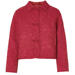 qs秸熙秋冬新款复古轻国风盘扣棉服女绣花轻薄小个子洋气短款外套