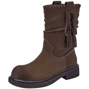 热风加绒时装靴女款2025年冬季新款复古中筒靴子百搭厚底短靴女鞋