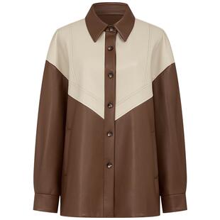 曼德诗撞色皮衣2026春季新款环保抗皱撞色短外套时尚Polo领外套