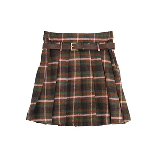 西町村屋百褶裙女冬新款粉咖色毛呢格子腰带短款半身裙AD8401001