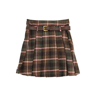 西町村屋毛呢格子腰带短款半身裙