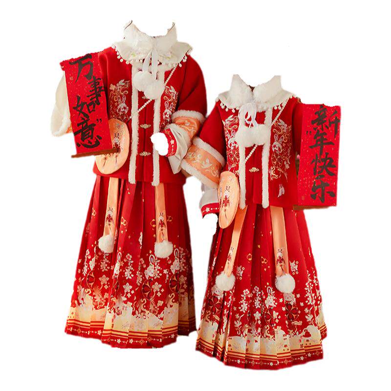 女童汉服拜年服加绒加厚冬季古装新款喜庆唐装新年过年红色套装