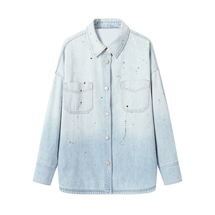 ANDREAMARTIN2026春季新款复古做旧渐变泼墨工装牛仔衬衫休闲外套