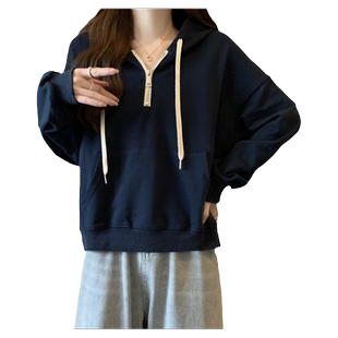 设计感小众长袖卫衣女春秋装2025新款薄款宽松短款半拉链连帽上衣