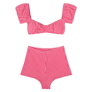 【yigenanaya同款】Limone新款粉色分体泳衣女款泡泡袖度假泳装