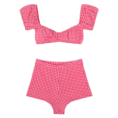 Limone粉色分体泳衣泡泡袖泳装女