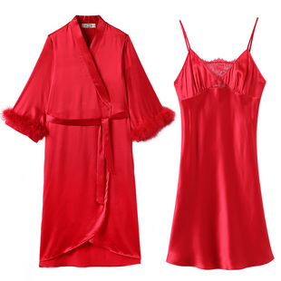 美标真丝睡袍女春秋性感吊带睡裙两件套中长款婚庆红色晨袍家居服