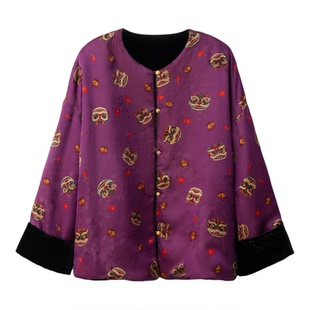 一丝牵 醒狮提花双面穿100%桑蚕丝真丝香云纱丝绒夹棉盘扣棉衣冬