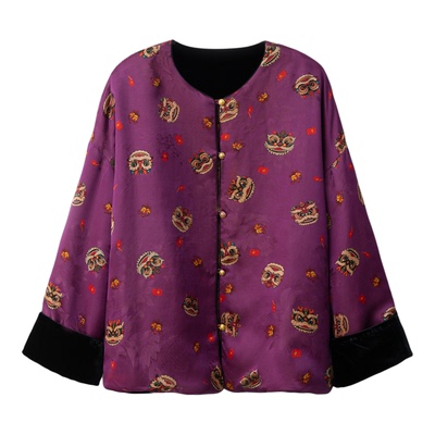 一丝牵 醒狮提花双面穿100%桑蚕丝真丝香云纱丝绒夹棉盘扣棉衣冬