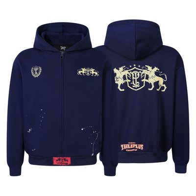 复古泼墨印花连帽开衫拉链卫衣