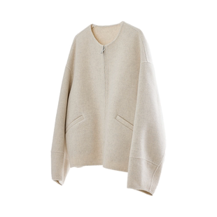 ~圆领双头拉链羊驼毛绵羊毛呢短款外套女秋冬廓形夹克米白大码