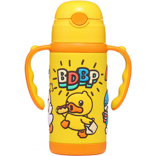 B.Duck小黄鸭儿童保温杯吸管杯食品级316L不锈钢握把背带水壶水杯