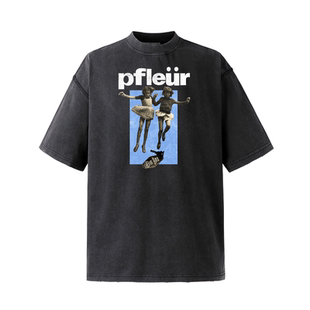 NOVACAM 美式复古vintage蓝色双胞胎印花LOGO水洗黑宽松短袖T恤