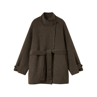 CROWNLESS未冕25冬新品羊驼毛羊毛双面呢皮料镶边斜门襟短大衣女