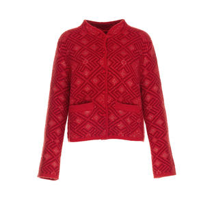 花木深红色长袖毛衣开衫女新款外搭对襟羊毛外套立领新中式针织衫